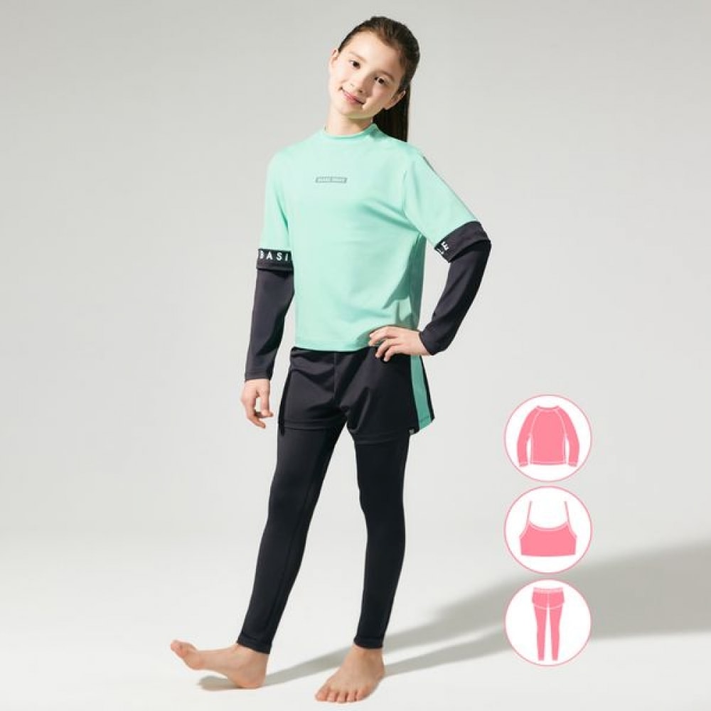 [ベーシックエル] ベーシックエルガールズミントラッシュガードウォーターレギンスビーチショーツセット BEG-Y601T