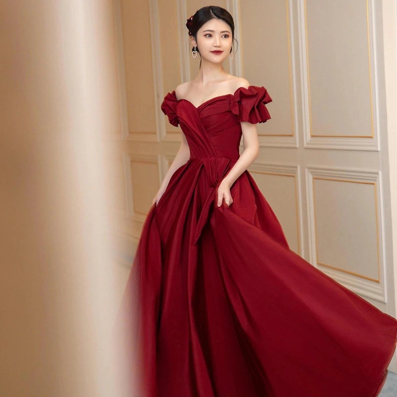 韓国 かわいい パーティードレス 結婚式 お呼ばれワンピースドレス ワインレッド 一字肩ロングドレス30%までに制限
