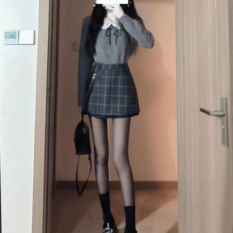 ハイエンドのカスタマイズ-秋と冬のソルトスタイルのライト成熟したハイエンドのホットガールカレッジスタイルグレーセーターチェック柄スカートファッションツーピーススーツ女性用