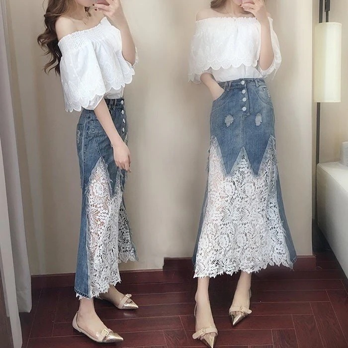 セットアップ レディース 上下セット 半袖ブラウス デニムスカート 2点セット 大きいサイズ tシャ 母の日 母の日-0002914