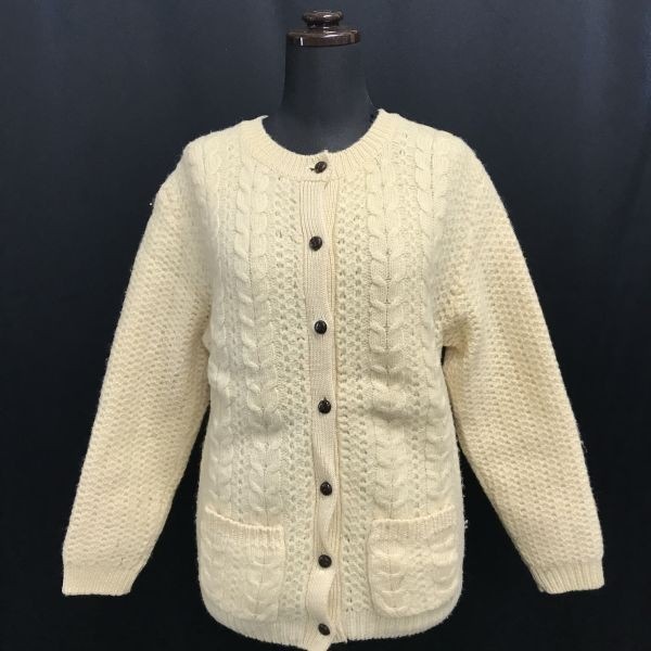 Northern Islesバージンウール100%/長袖カーディガン【38/レディースM/アイボリー/ivory】アラン模様/cardigan/Jacket/VintagecBH468