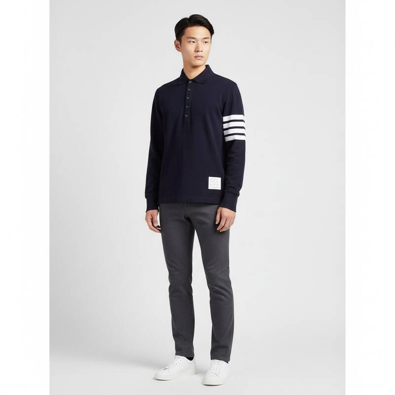 トムブラウン 25FW ネイビー斜めポロ長袖Tシャツ FJP053G 07976 415