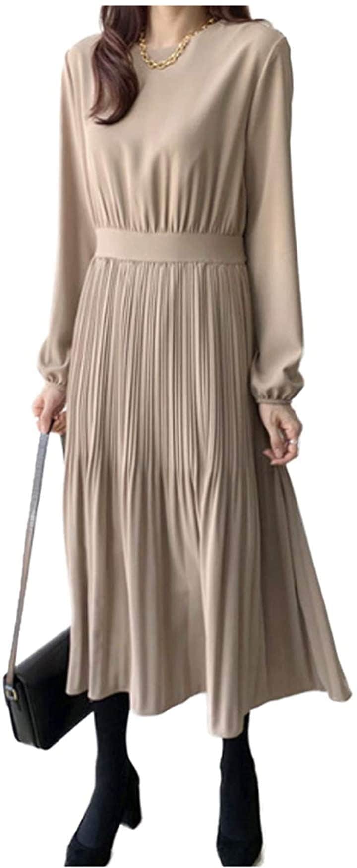 ワンアンブ ワンピース 結婚式 お呼ばれ Aライン ウエスト フレア 切り替え 173(ベージュ,