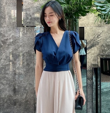 Vネック ウエストマーク Aライン ワンピース ハイウエスト ロング丈 半袖 ルーズ スリム 細身 ストレート スマート チュール シフォン フリル 切り替えデザイン 透け感 シースルー 伸縮性 薄手