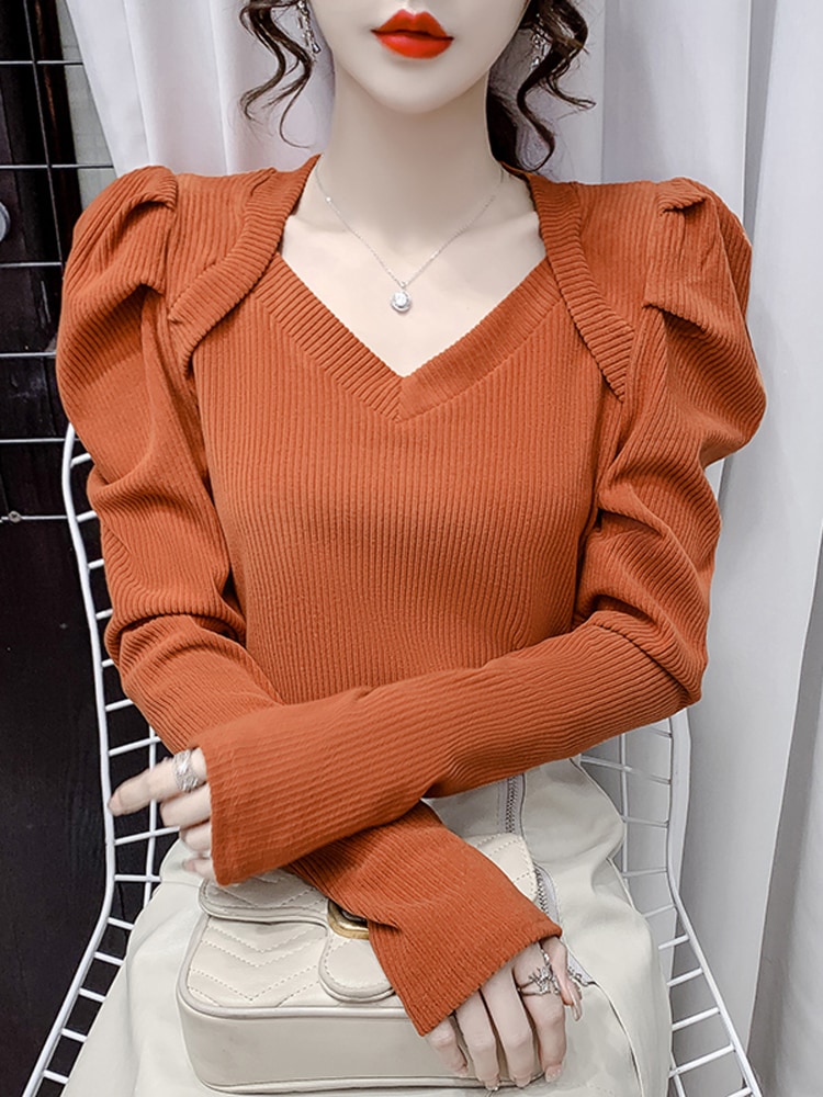 ニットの底のシャツの女装春秋2022の新型の中にはやせて見える上着の独特で美しいシャツの泡の袖のセー 【SALE／77%OFF】 限定版