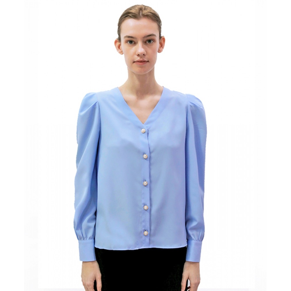 DAMAGE MNEMONICパフVネックブルーブラウス_ Puff V-neck Blue BL