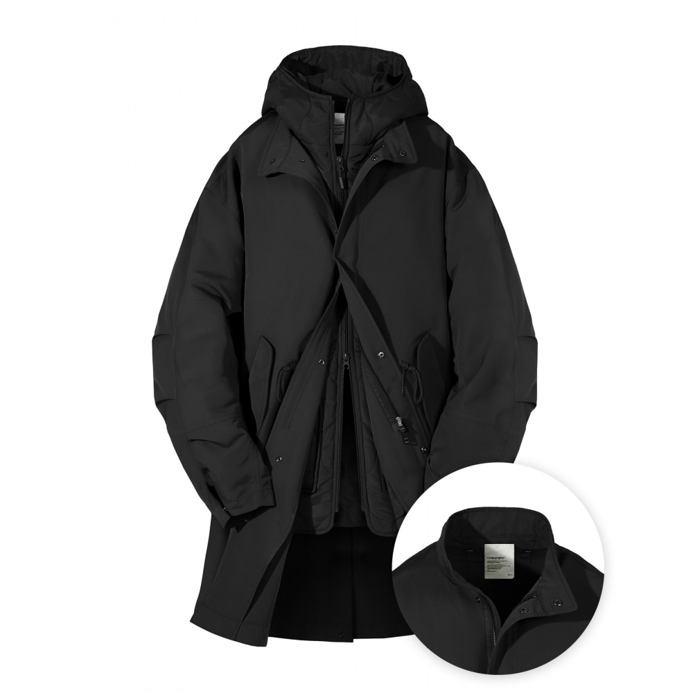 CODEGGY [取り外し可能なインナースキン] US-ARMY ミリタリーフィッシュテイルフード付きロングパーカー_ブラック