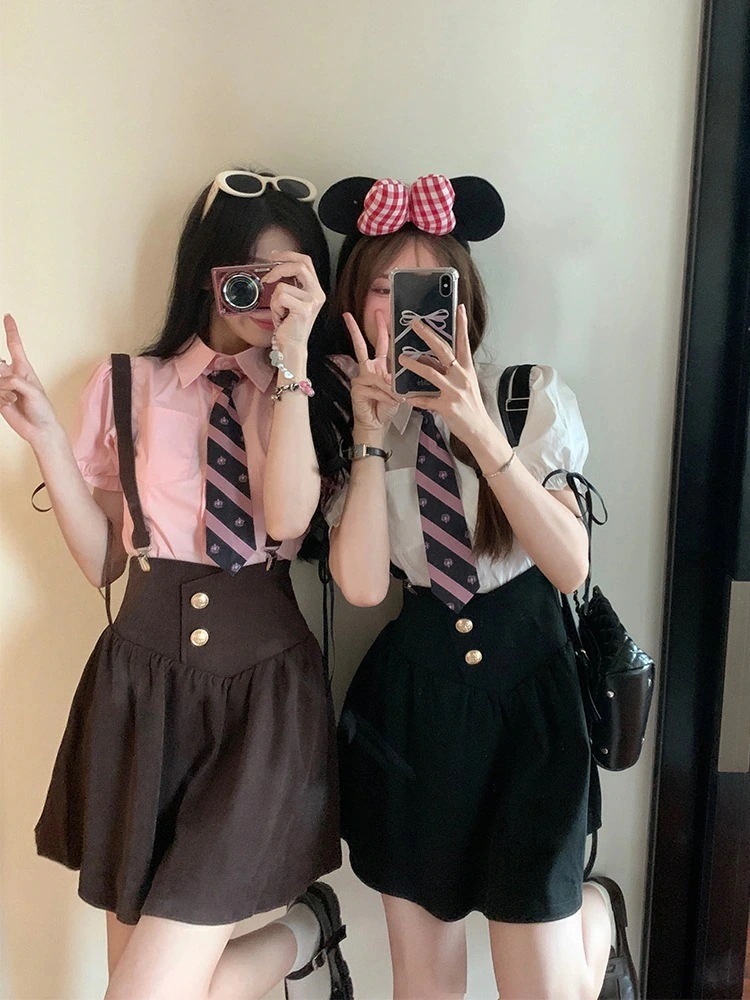 彼女服 シスタースーツ 甘くてクールなスタイル 婦人服 韓国風 アメリカンキャンパス カレッジスタイル サスペンダースカート ネクタイ Jkシャツ 女性