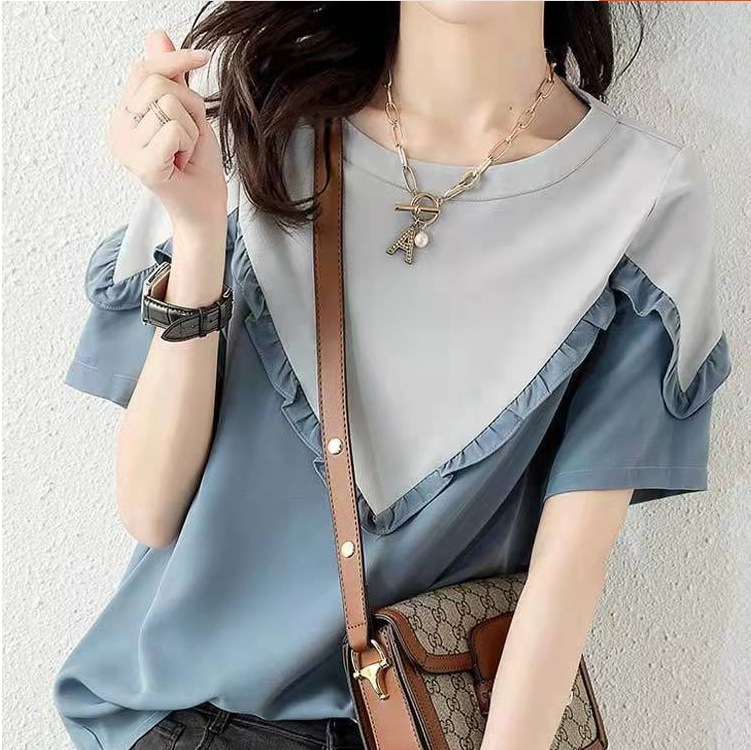 フリル付き半袖トップス カジュアル半袖トップス 個性派Tシャツ ツートンカラートップス トップス Tシャツ シャツ プルオーバー 袖あり 半袖 5分袖 五分袖 Uネック ラウンドネック スリム
