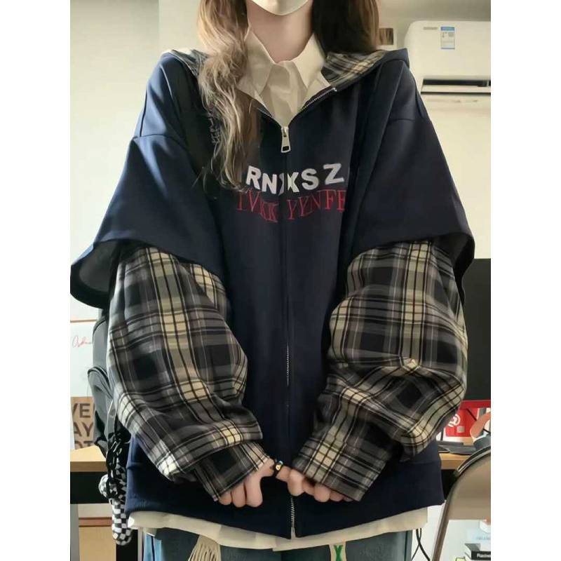 エルフィスがスプライスした偽の2ピースジッパーカーディガンフード付きスウェットシャツ女性用デザインカジュアル用途ジャケットトレンド