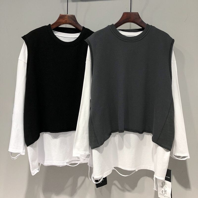 配色デザイン オーバーサイズ ダメージ加工 白T ロールヘム スウェットベスト セットアップ トップス Tシャツ ミディアム丈 長袖 ドロップショルダー 襟なし ラウンドネック ベスト プルオーバー