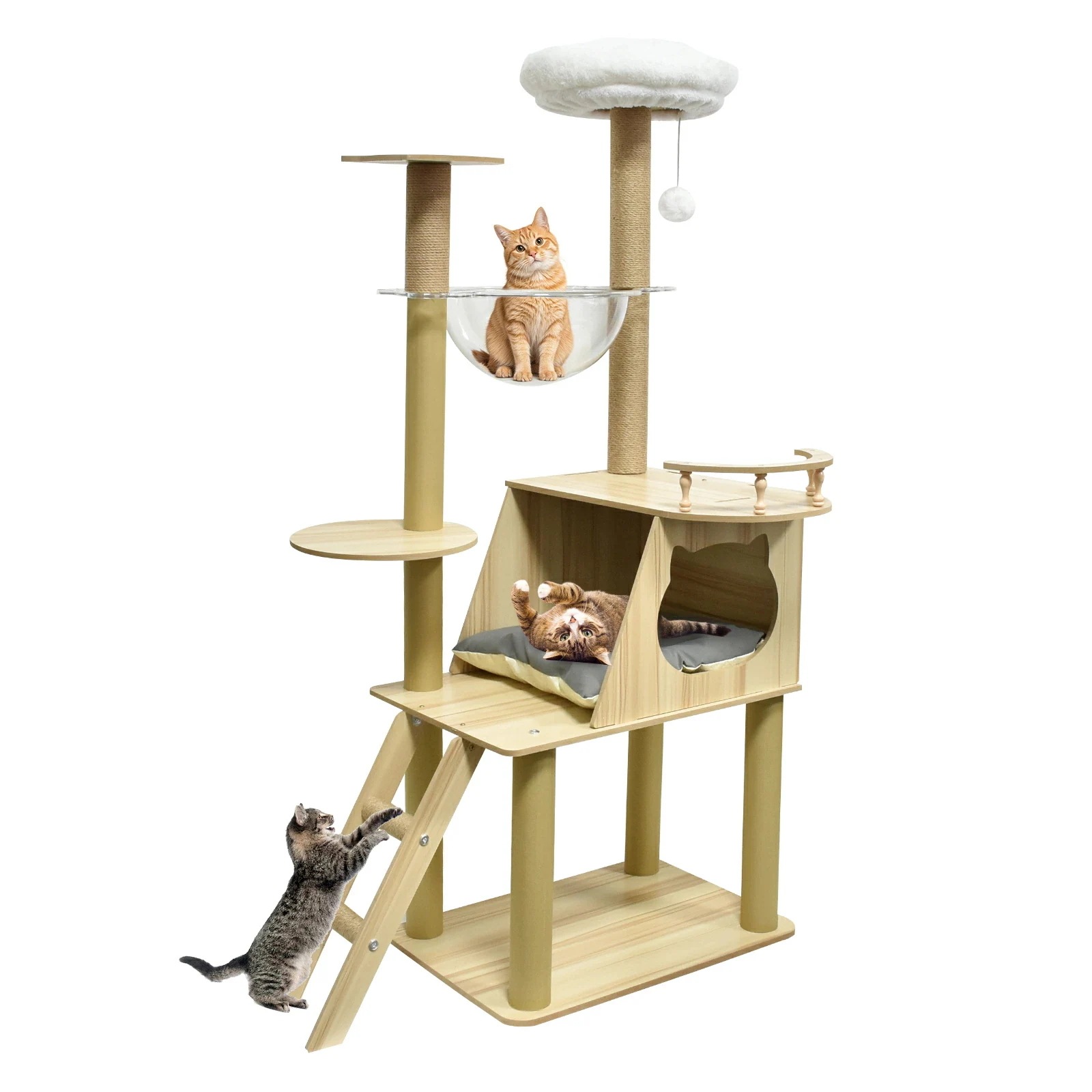 【激安販売】キャットタワー スリム コンパクト 高さ141cm 猫タワー 据え置き 置き型 省スペース 爪研ぎ 見晴台 人気 ボンボン 天然麻紐 シンプル 運動不足解消 多頭飼い