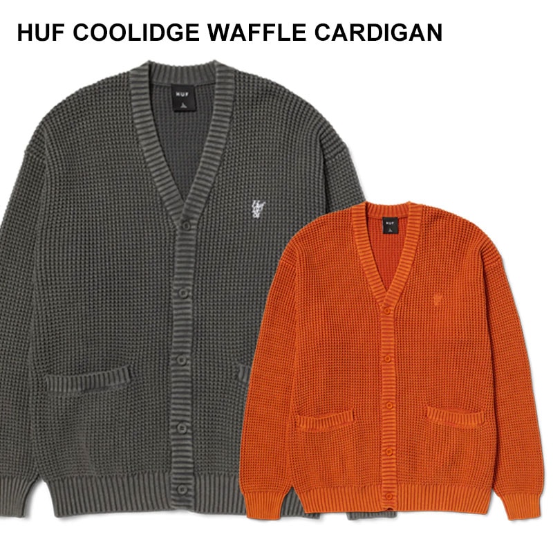 COOLIDGE WAFFLE CARDIGAN KN00473 BLACK RUST ニット ワンポイント シンプル コットン 顔料染め 羽織 グレー メンズ 長