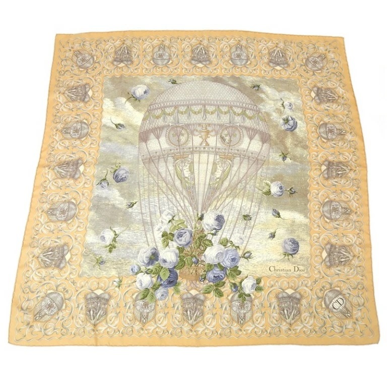 クリスチャン・ディオール Christian Dior スクエアスカーフ 気球 薔薇 ローズ ベージュ系 シルク100％ 【中古】(67854)