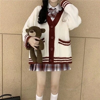 秋冬の甘くゆったりニットカーディガンコート学院風JKスカート制服2点セット学生女