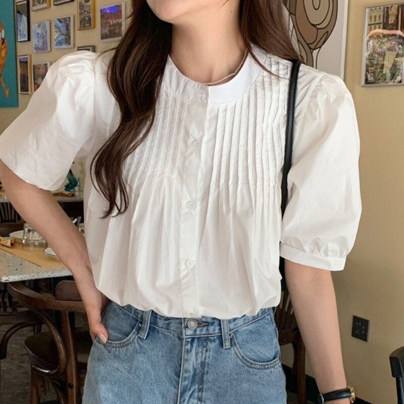 シャツ ブラウス レディース 半袖 パフスリーブ プリーツ かわいい 大人可愛い きれいめ シンプル カジュアル 無地 夏 ママ 学生 デート 着回し ホワイト ブルー イエロー トップス
