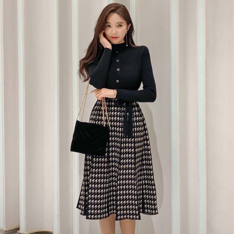 レディース ワンピース 人気 通販 おすすめ 千鳥格子 リブ ニット ドッキング デザイン コーデ風 膝下 ミディ丈 半ハイネック ウエスト リボン ハイウエスト 切り替え プリーツ ボタン 長袖