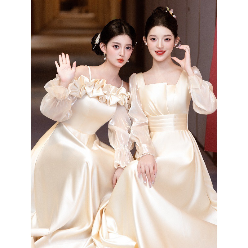 10個セット サテンのお供服2026冬服高級感お供団イブニングドレススカート女性長袖冬