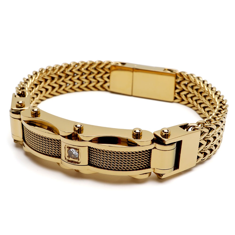 ステンレス重厚感たっぷりのチェーンベルトブレスレット ゴールドタイプ [b933-gold] 7,568円