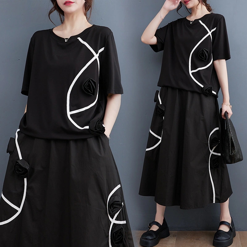 涼しく楽ちんセットアップの新型ゆるい文芸立体薔薇花百合カジュアルtシャツロングスカート 2点セット