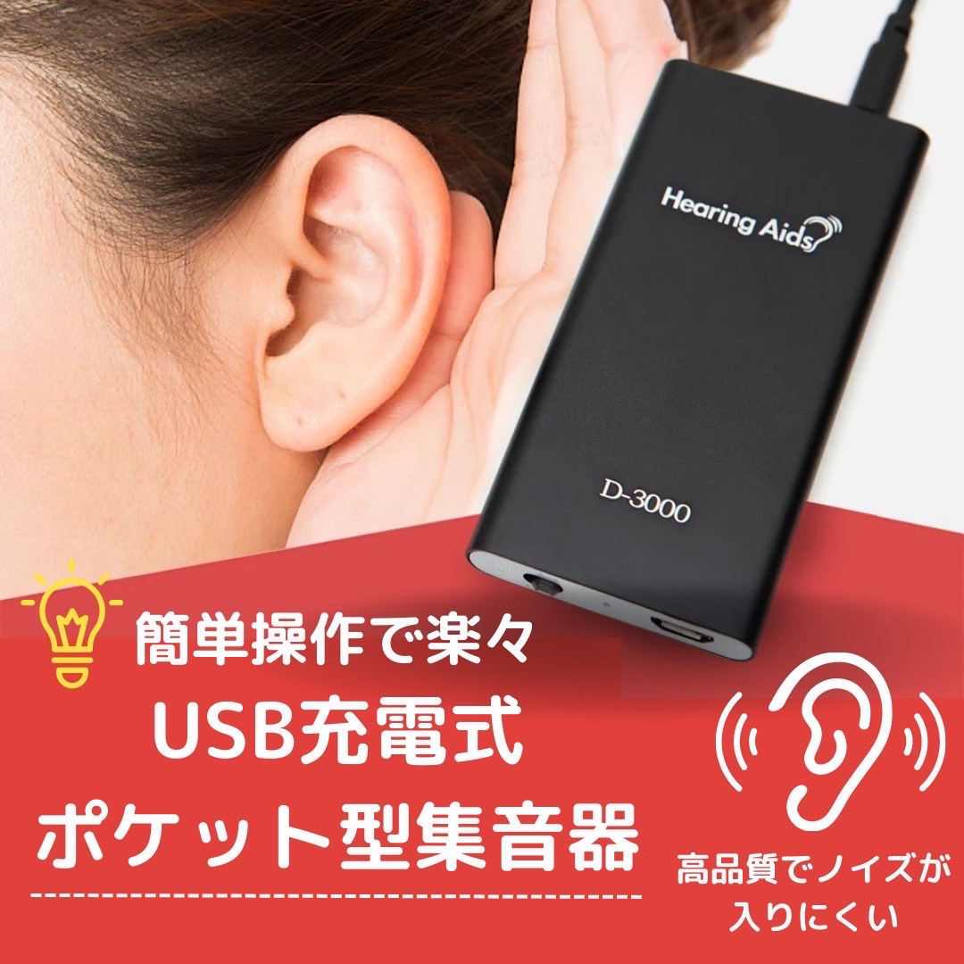 集音器 補聴器 USB充電式 本体 有線式 耳穴 耳掛け イヤホン付 両耳兼用 シルバー 補聴器カバー 父の日 軽量 両耳 ケース 聴力 耳が遠い 介護　敬老の日 プレゼント ギフト