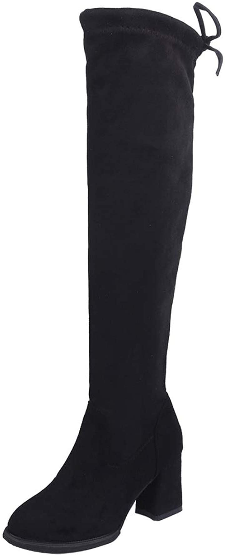 ニーハイブーツ レディース ストレッチ スエード 黒 太ヒール ロング 美脚 脚長 (ブラック, 23.5 cm)