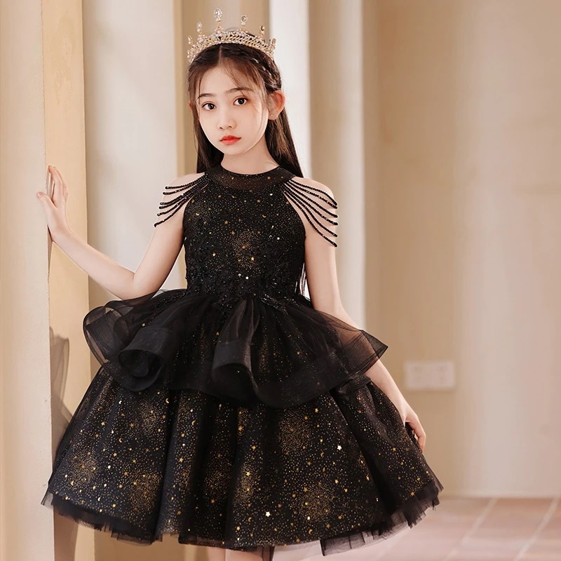 キッズ ウェディングドレス 子供ドレス黒イブニングドレス女の子ウエディングドレス女の子司会者プリンセスピアノ公演着子供 ワンピース