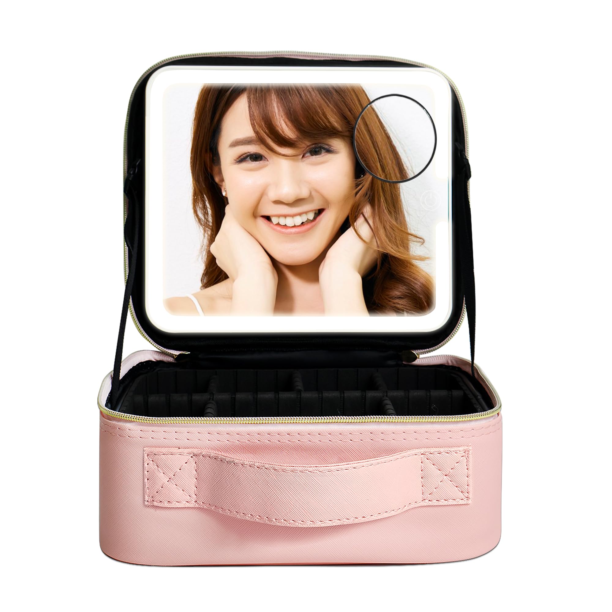 AMZTOLIFE メイクボックス 鏡付き LEDライト付き コスメボックス 3色照明 無段階調光 10倍拡大鏡 USB充電式 大容量 コスメ収納 メイクブラシ入れ 持ち運び 旅行 用 メイクポーチ