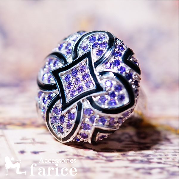 アメジストパープルストーンパヴェ ブラックラインゴージャスマッシュルームジュエリーリング