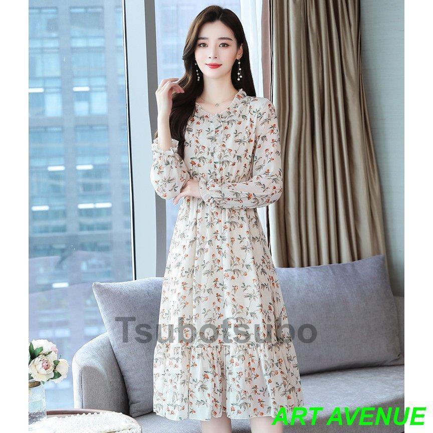 ワンピース レディース 40代 20代 春秋 長袖 きれいめ 上品 シフォンワンピース 花柄 ロング丈 大きいサイズ パーティードレス おしゃれ 韓国風 着痩せ 通勤 OL
