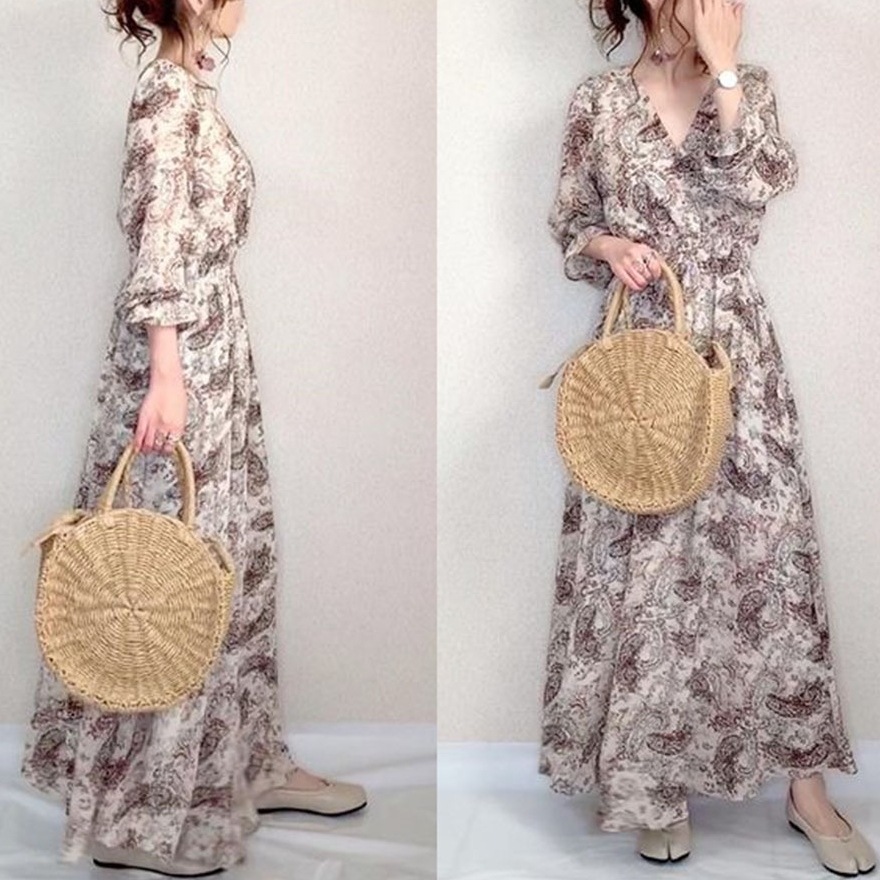 【大人可愛い】 ロマンテック Vネック ハイウエスト 7分袖 プリントマキシ ワンピース