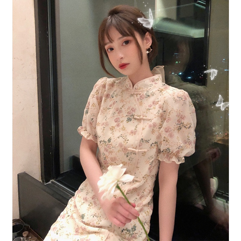 改良されたチャイナドレスの女性の新しい気質の女神ファン穏やかな風の若い女の子の花柄のスカー