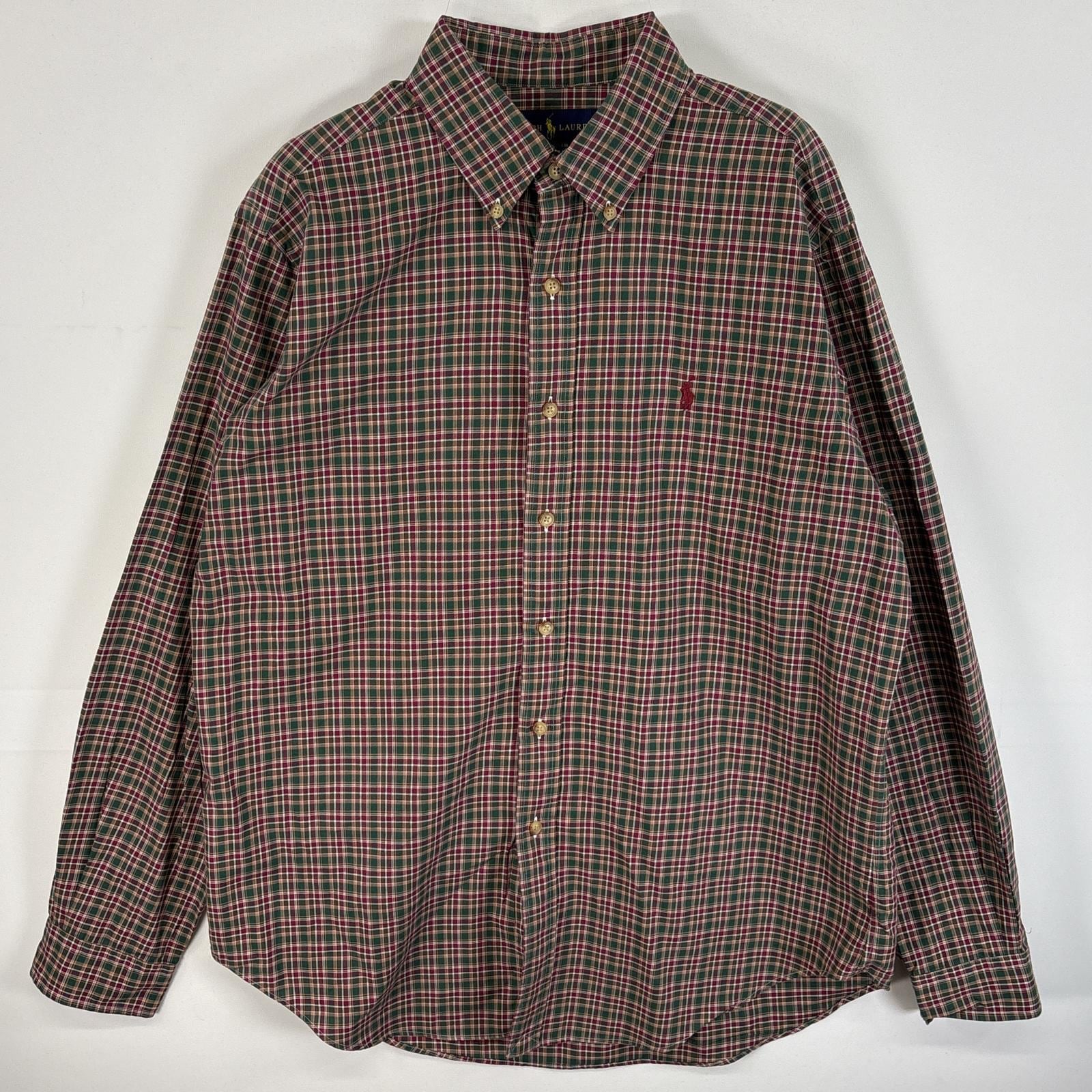 古着 長袖シャツ ボタンダウンシャツ ワンポイント ロゴ 刺繍 チェック L グリーン系 マルチカラー メンズ