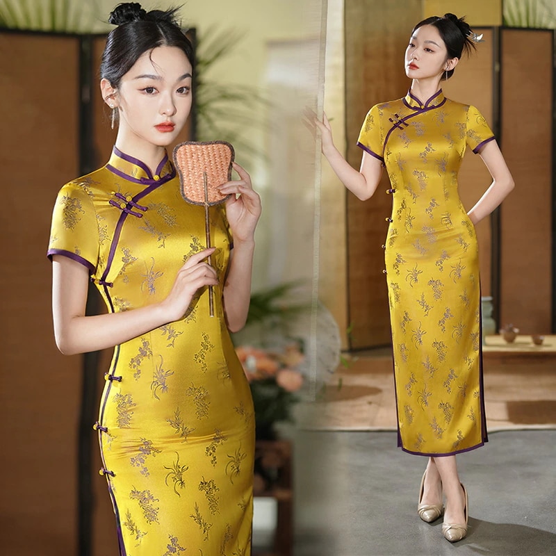2024春夏改良チャイナドレスデイリースリムゴールデン大学入学試験ロングスタイル中高年スタイル 5,214円