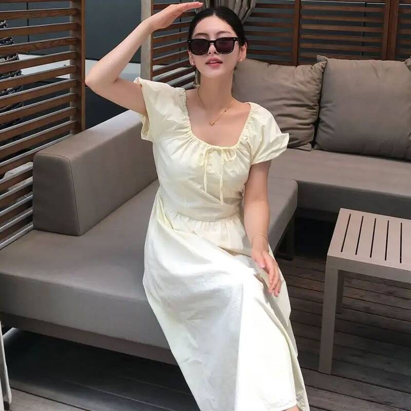パフスリーブのシャーリングロングドレス_3色展開