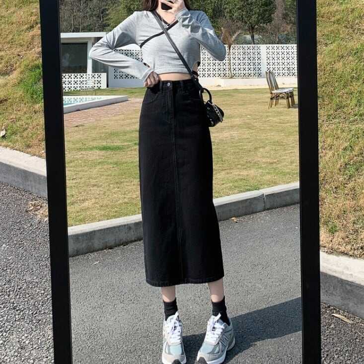 スカート ボトムス ペンシルスカート デニム ブルー ミモレ丈 ストレート ウォッシュ加工 バックスリットワントーン 大人女子 カジュアル セクシー HIPHOP スポーティー お洒落 おしゃれ lb