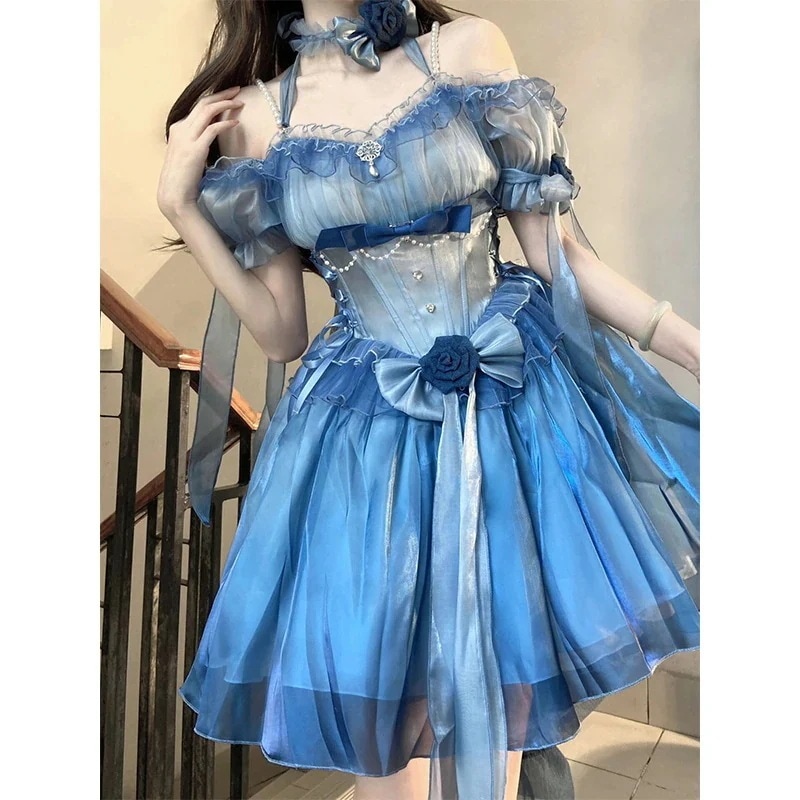 青いウェディングロリータドレスライトロープリンセススカートエレガントな女性美しい短いスカート