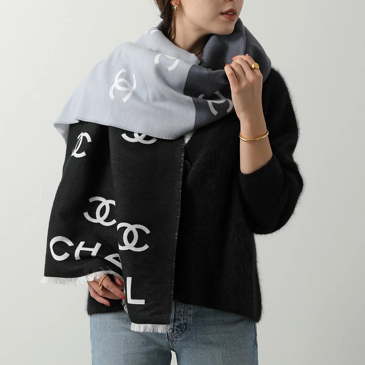 CHANEL シャネル マフラー AAA639 B18775 レディース カシミヤ ウールブレンド 大判 ストール フリンジ ココマーク CCマーク ロゴ NABCV