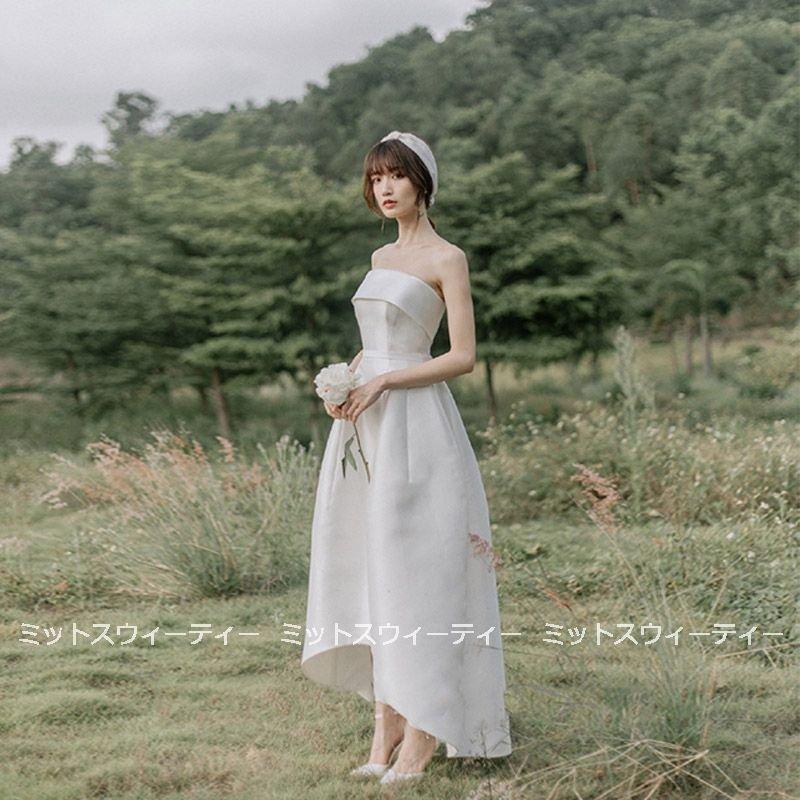 韓国ファッション二次会 ホワイト ブライダル パーティードレス 大きいサイズ 結婚式 演奏会 披露宴 ビスチェ Aライン 前ミニ ウェディングドレス 花嫁 海外挙式 ロングドレス