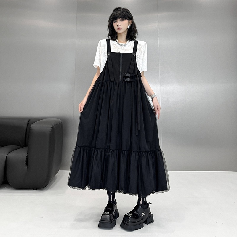 【J.Fashion】夏新作 デザイン感レース切り替えサロペットスカート 高级感百掛け サロペットノースリーブワンピース レディース ゆったり着痩せ 体型カバーおしゃれ メガ割