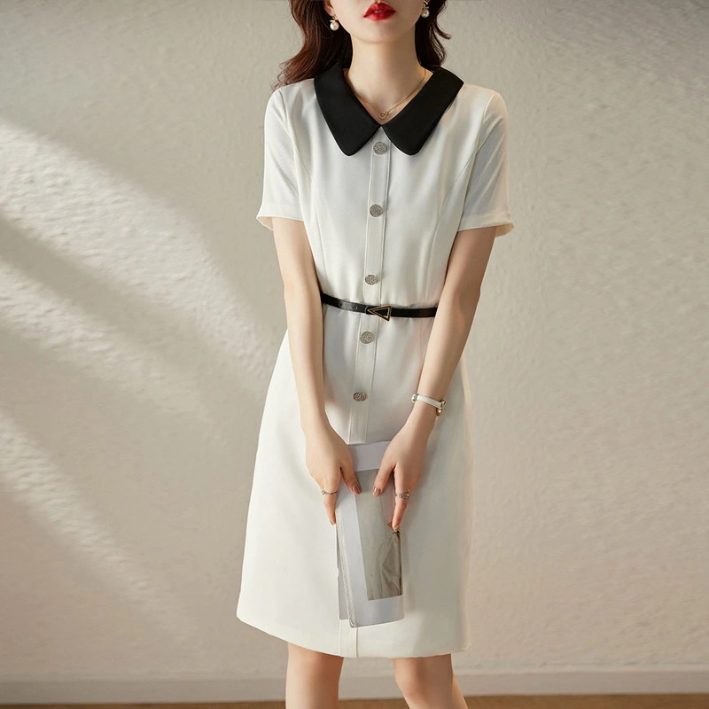 白い半袖ワンピース夏の新可愛い若見え気質通勤大きいサイズ シャツワンピース
