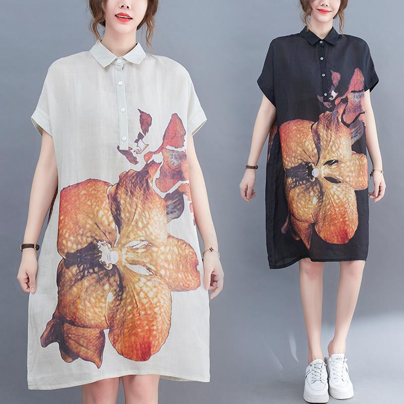 夏新商品創意フラワープリントファッションカジュアル文芸気質poloワンピースリネンワンピース半袖大きいサイズ