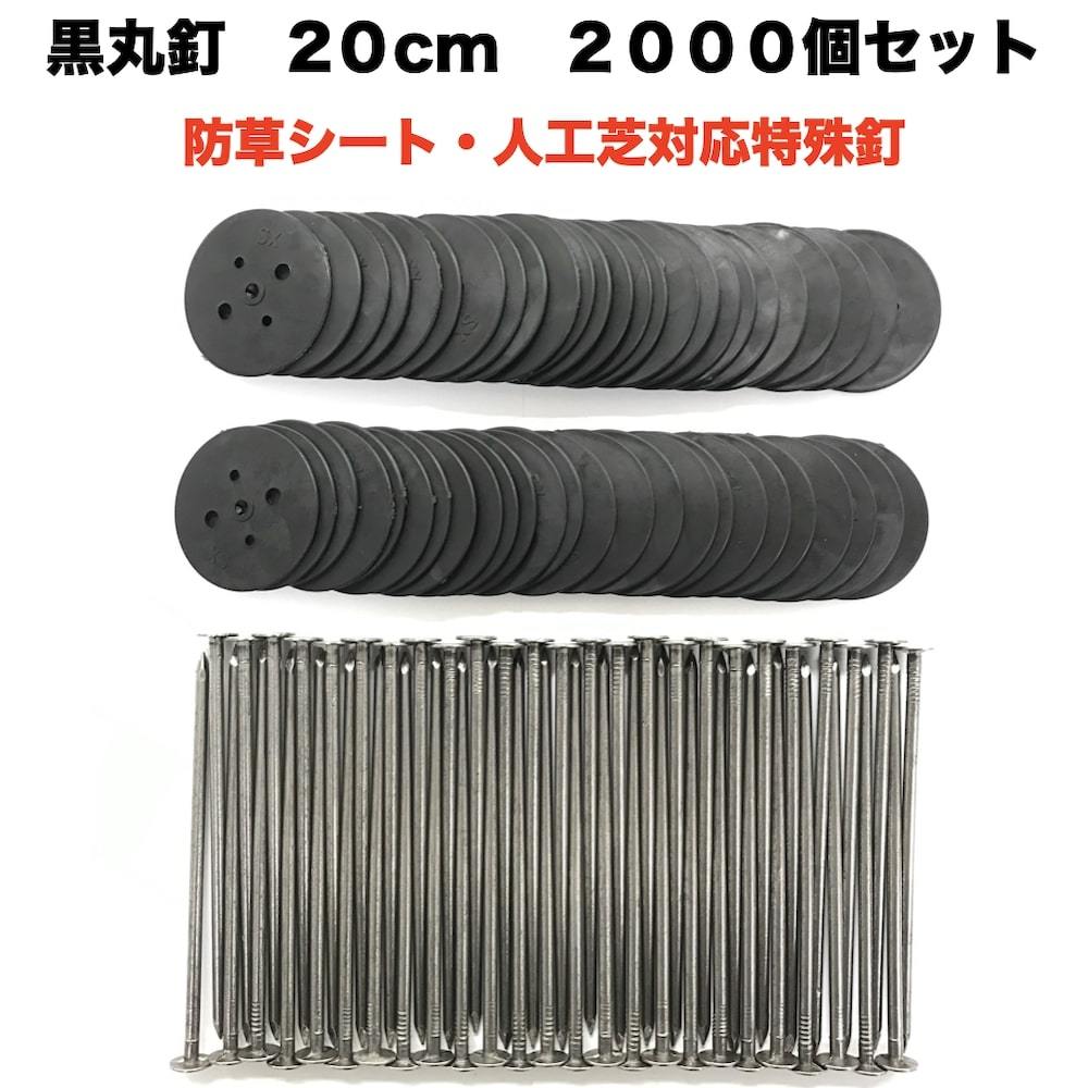 黒丸釘セット 黒丸板2000枚+20cm釘2000本セット 防草シート 人工芝 押さえ用 特殊釘
