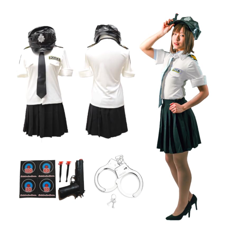 ポリス コスプレ 警察官 6点セット 警察 制服 スカート 帽子 拳銃 ピストル 手錠 ネクタイ ハロウィン 仮装 レディース ゴスロリ ロリータ 62094