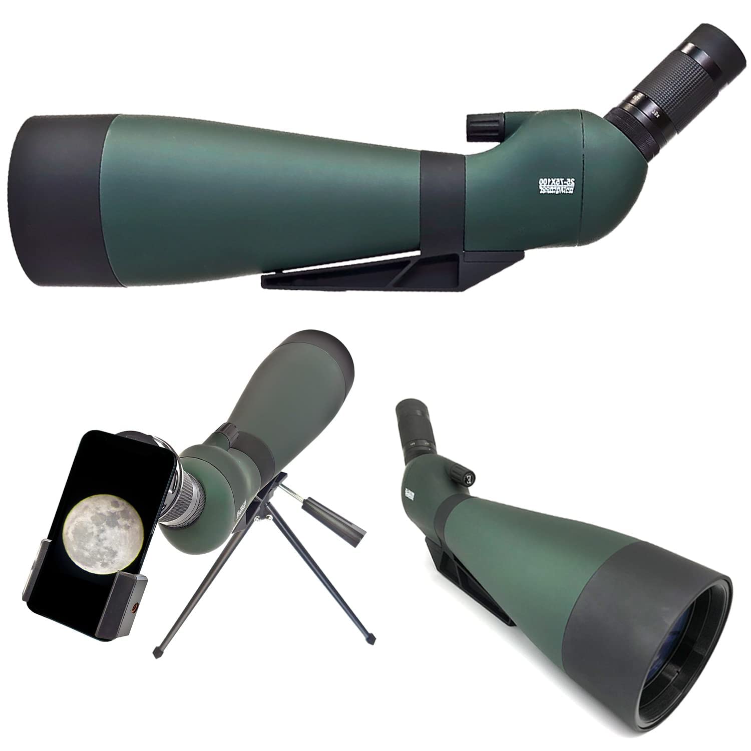 eモンズ 単眼望遠鏡 【 100mm 超望遠レンズ 単眼鏡 】 フィールドスコープ 25-75x100mm 高倍率 スマホ撮影対応 スマホアダプタ 卓上三脚付 防水 傾斜型 望遠鏡 スポッティングスコ