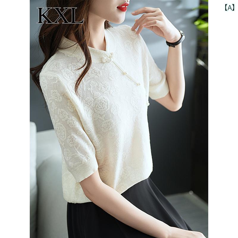 トップス レディース おしゃれ 上品 通勤 オフィス カジュアル チャイナ風 レトロ ボタン 半袖 Tシャツ 夏 半袖 シャツ