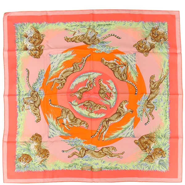 エルメス HERMES スカーフ カレ90 CARRE シルク サーモン×パルム×ヴェールデュー 【GUEPARDS/チーター】 【箱】【中古】
