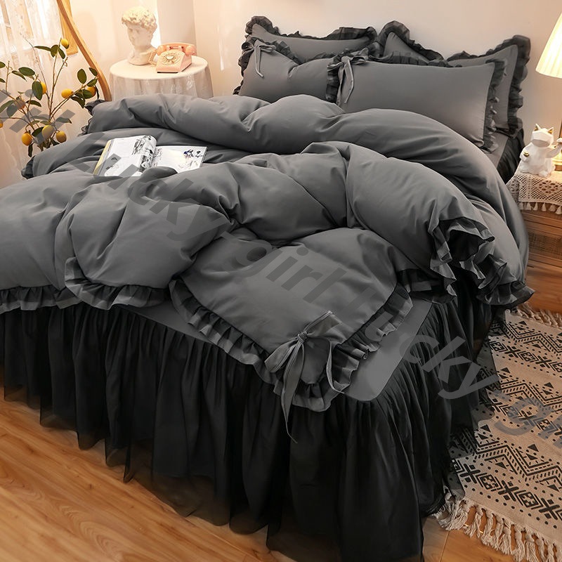 お手頃価格 韓国版の厚い磨毛の滑り止めのベッドカバーのレースのハスの葉の辺ベッドスカートスタイルのベッド用品4点 布団カバー