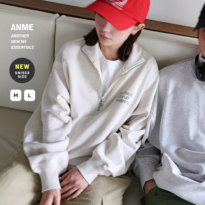【】ハーフジップ ロゴ 刺繍 裏毛 スウェット トップス レディース メンズ 男女兼用 ユニセックス ノームコア オーバーサイズ 体型カバー サイドポケット ヴィンテージライク カジュアル エンブロイ