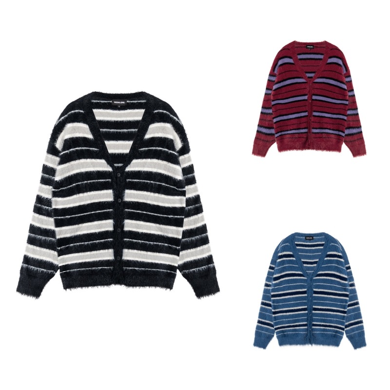 【WOOALONG】 STRIPE BRUSHED CARDIGAN : 3COLORS